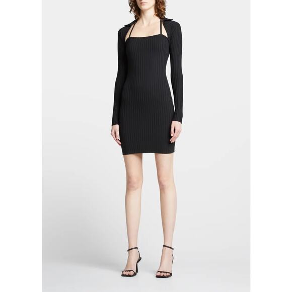 Helmut Lang Lux Pima‎ Long Sleeve Dress Black Ribbed Mini Collared Sz L - Picture 3 of 12